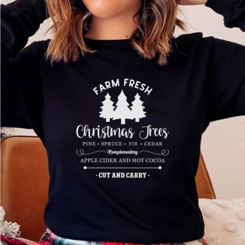 Christmas Tree Farm Fresh Black and White Long Sleeve Tshirt